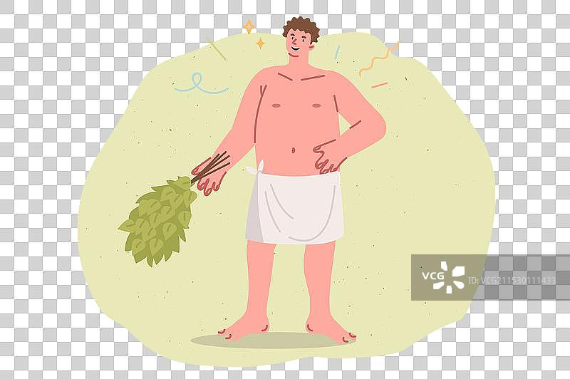 微笑的男浴室服务员手持桦树扫帚图片素材