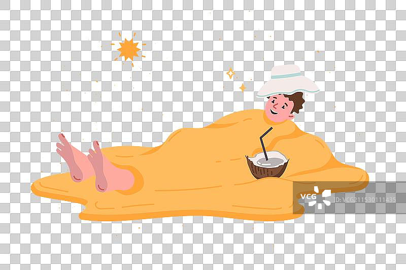 男人在沙滩上放松，埋到脖子里的沙子中。图片素材