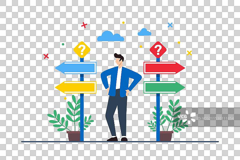 一个男人站在十字路口，周围有多个方向图片素材