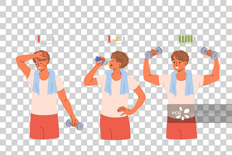 疲惫的运动员喝能量饮料并进行举重图片素材