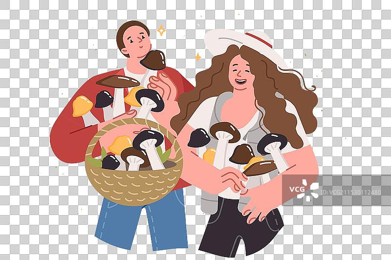 一对情侣在柳条篮中采集蘑菇图片素材