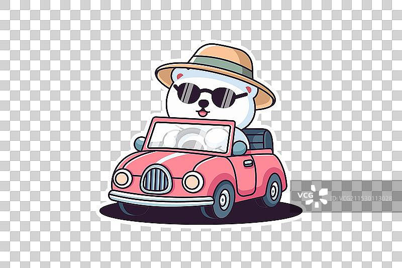 可爱的北极熊戴着眼镜和帽子，坐在车里。图片素材