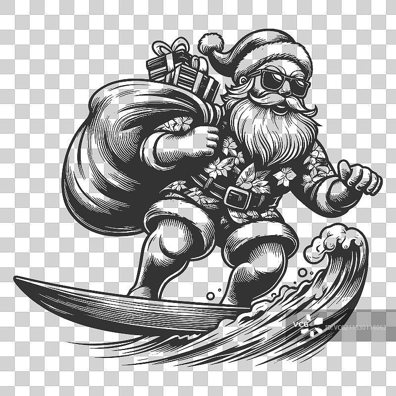 圣诞老人冲浪穿着夏威夷衬衫送礼物图片素材