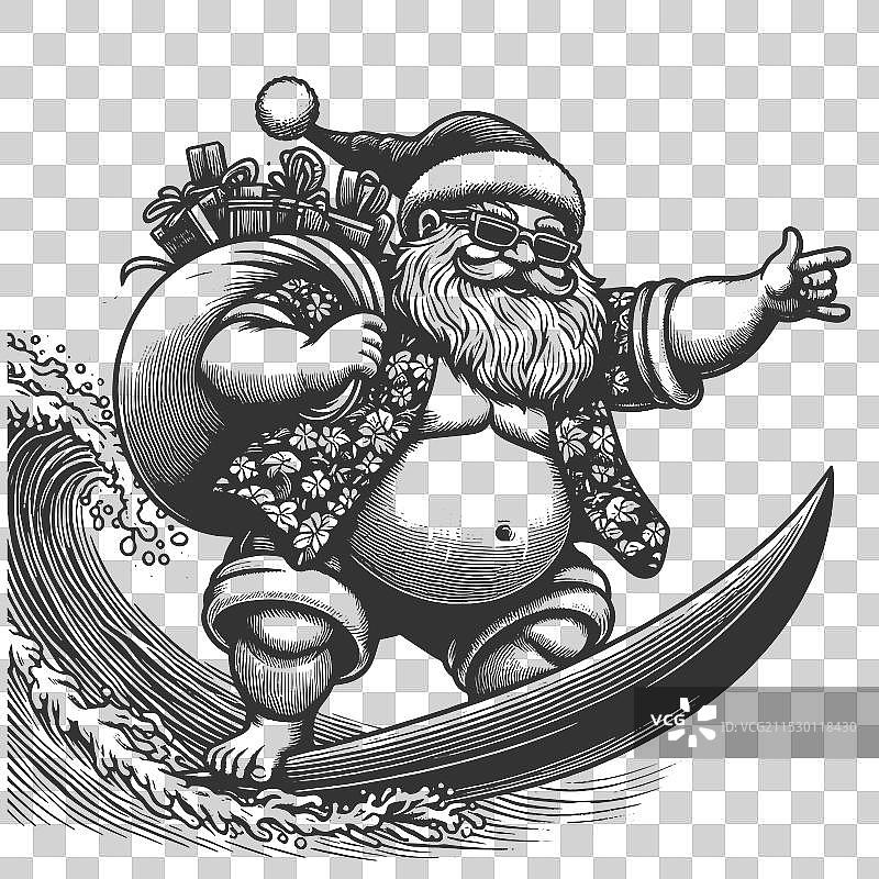 圣诞老人冲浪，穿着夏威夷衬衫，带着礼物图片素材