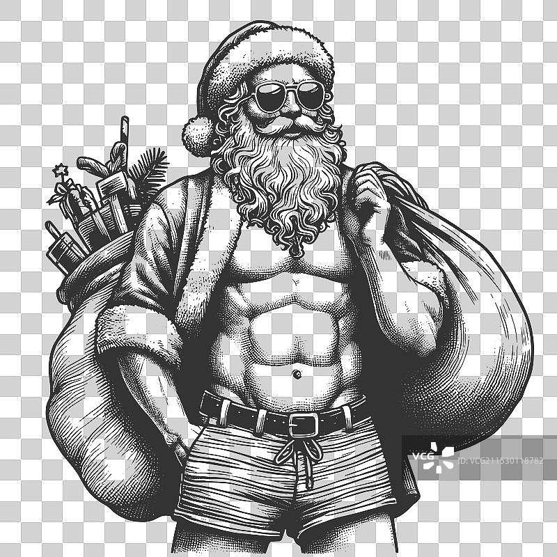 戴着太阳镜的肌肉圣诞老人图片素材