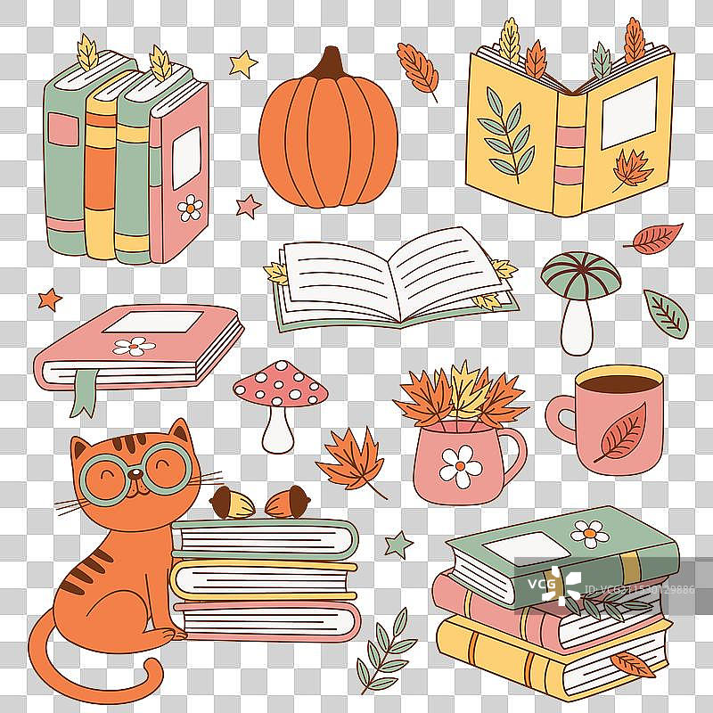 一组孤立的可爱南瓜、书籍和猫咪图片素材