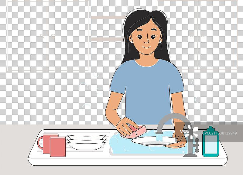 年轻女性在家厨房洗碗图片素材