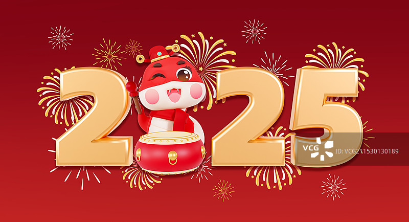 3D渲染的红色背景2025年元旦跨年烟花2025数字春节蛇年元旦海报模板图片素材
