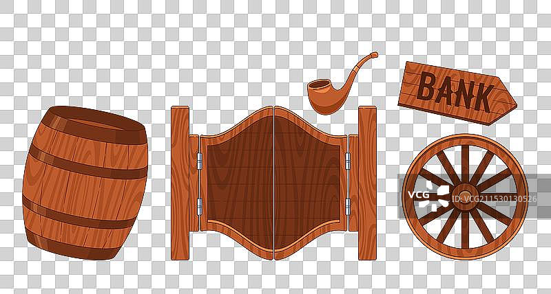 西部荒野物品收藏与酒吧木桶图片素材