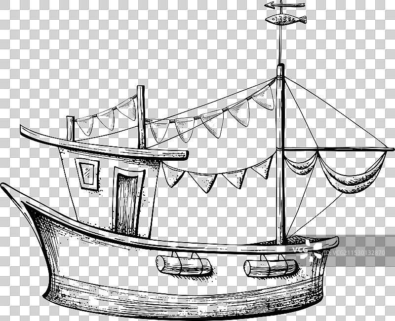 装饰着旗帜的渔船帆船图片素材