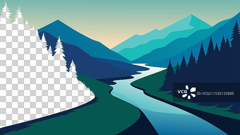 河流穿过郁郁葱葱的森林，展示了图片素材