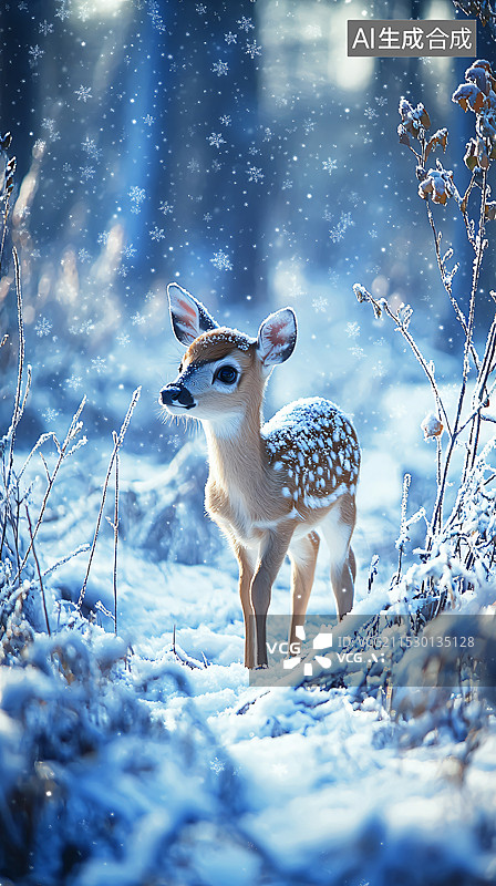 【AI数字艺术】冬天雪中可爱的梅花鹿图片素材