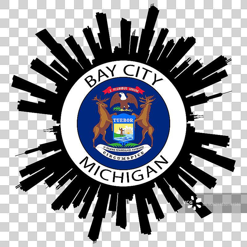 密歇根州海湾城市天际线美国国旗旅行纪念品图片素材