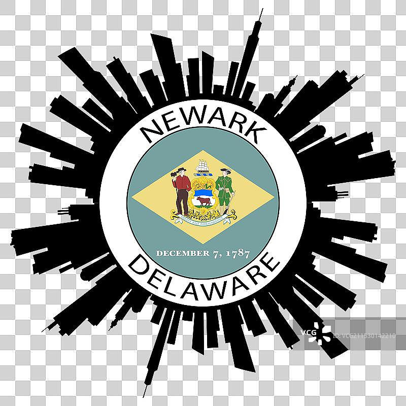 纽瓦克天际线，特拉华州国旗，美国旅行纪念品图片素材