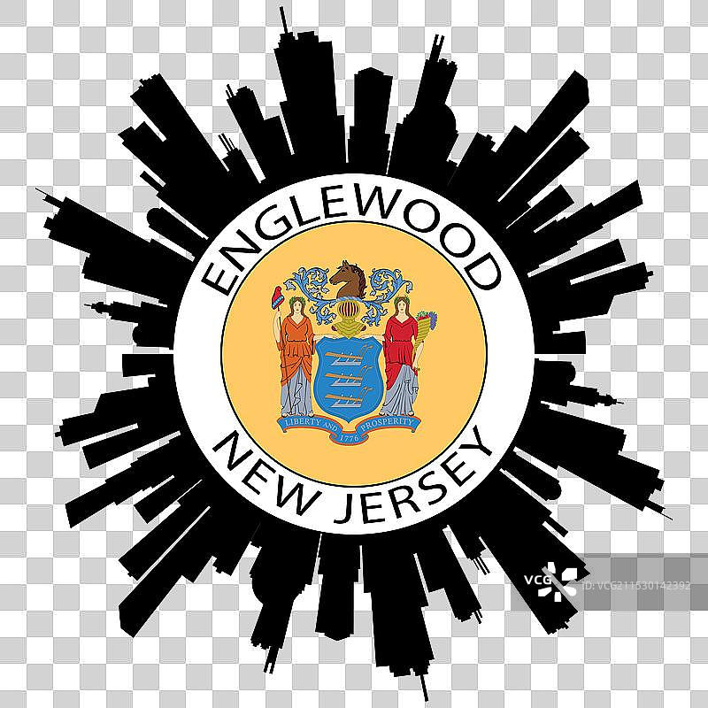新泽西州恩格尔伍德天际线美国国旗贴纸图片素材
