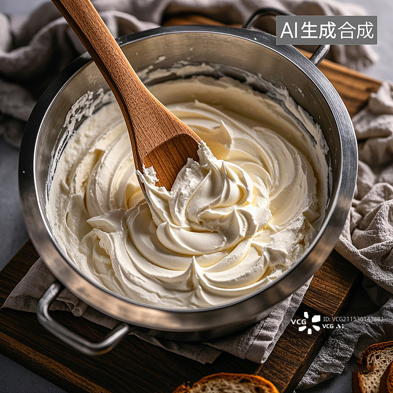 【AI数字艺术】木铲搅动纯白色奶油甜点图片素材