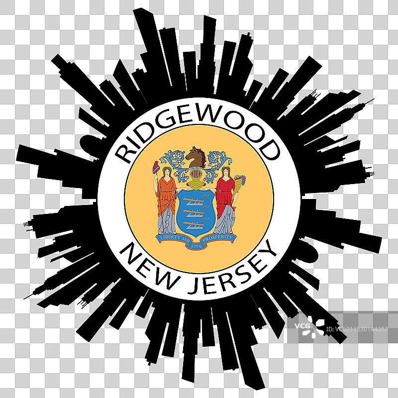 新泽西州里奇伍德天际线美国国旗贴纸图片素材