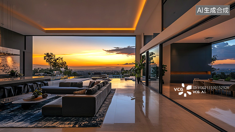 【AI数字艺术】现代豪宅的夕阳美景落地窗图片素材