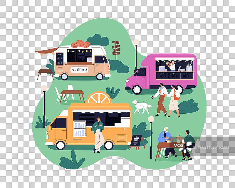 街头食品车，人们在走动中享用美食图片素材