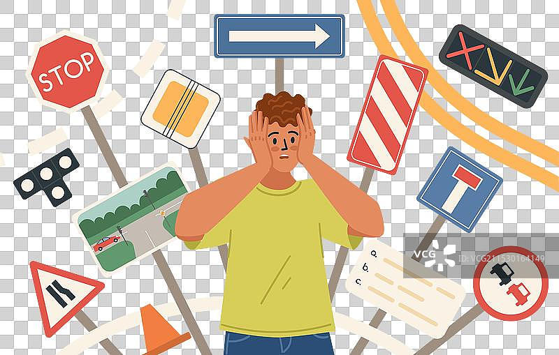 震惊的男司机初学者在路标上行驶图片素材