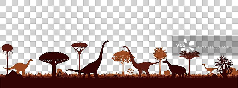 日落景观中的史前恐龙剪影图片素材