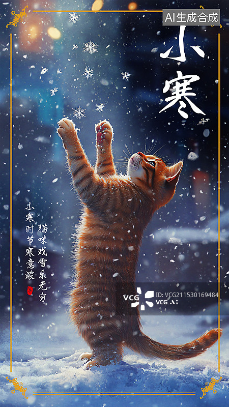 【AI数字艺术】小寒节气海报猫咪戏雪图片素材