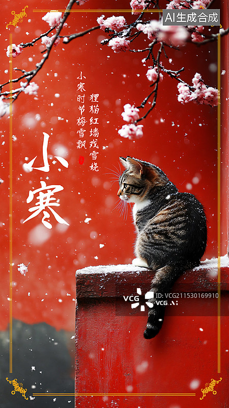 【AI数字艺术】小寒节气海报故宫里的猫和梅花雪图片素材