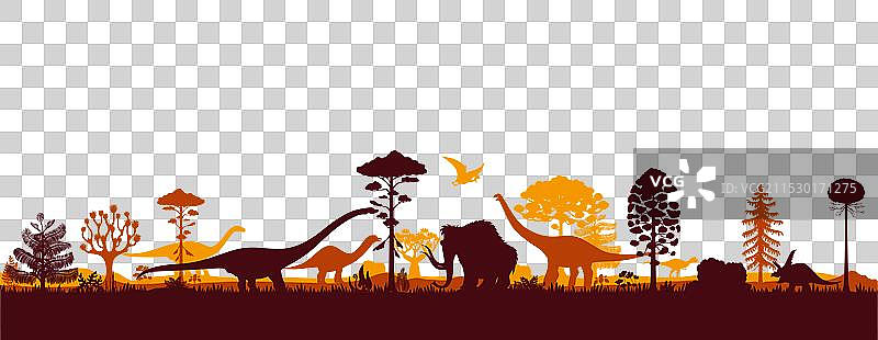 史前恐龙剪影与日落风景图片素材