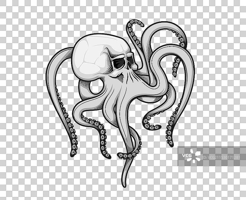 死亡艺术中的章鱼头骨纹身与触手图片素材