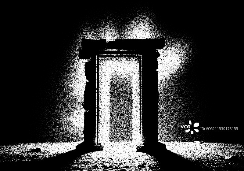 科幻场景中的古代遗迹，点描复古风格图片素材
