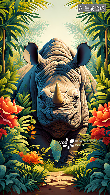 【AI数字艺术】动物主题插画 行走在雨林小道上的犀牛图片素材