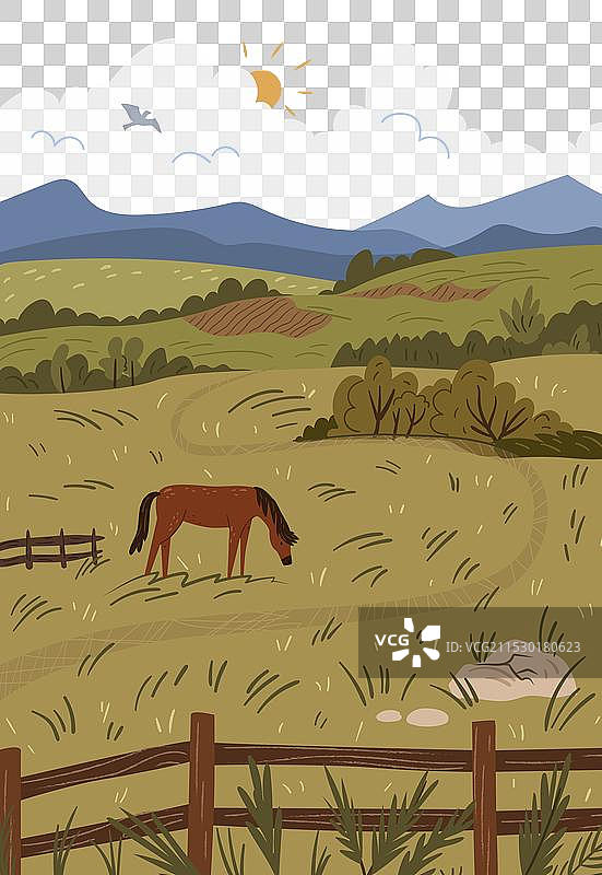 草原风景，马匹与围栏，远处有山脉图片素材