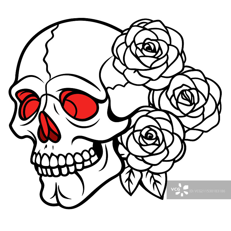 红玫瑰水彩风格的骷髅纹身图片素材