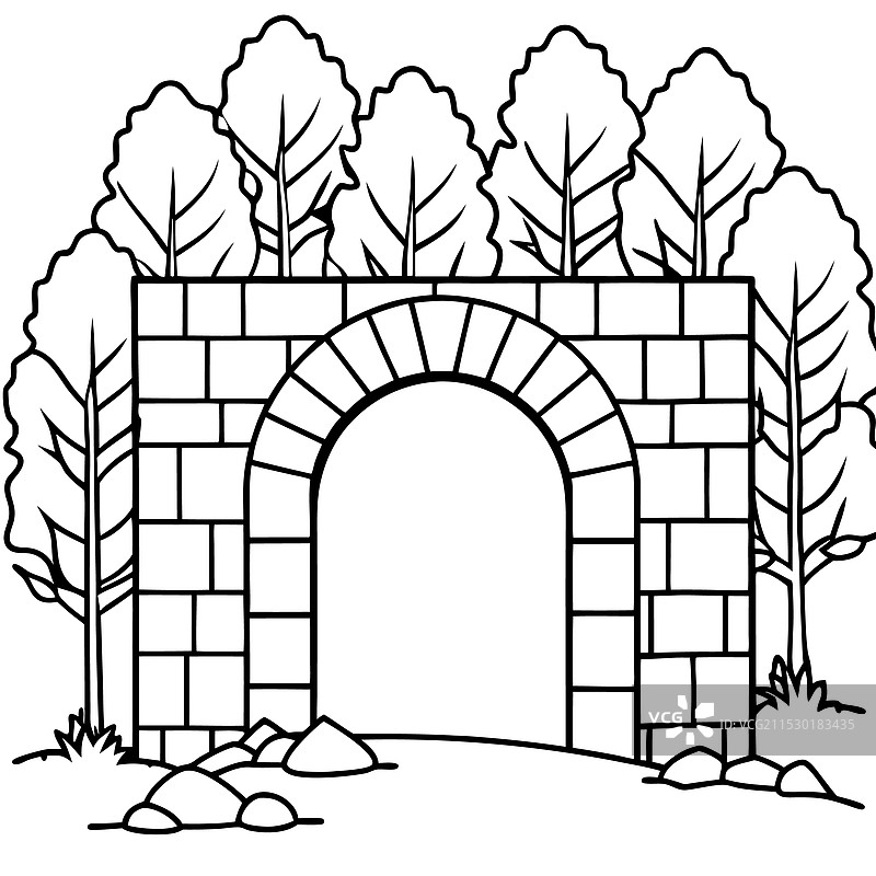 森林春季中的石拱墙入口图片素材