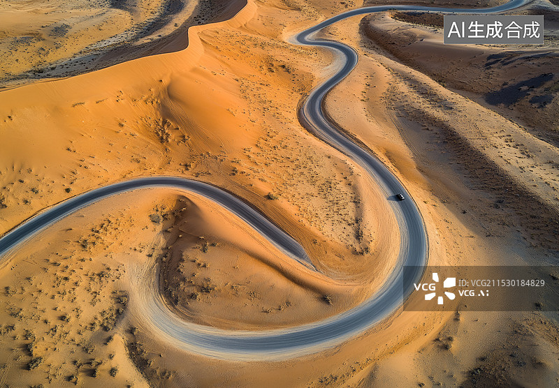 【AI数字艺术】一片沙漠中的沙丘，沙丘上形成了独特的螺旋状图案。这种自然现象通常被称为“蛇形沙丘”或“螺旋沙丘”，是图片素材