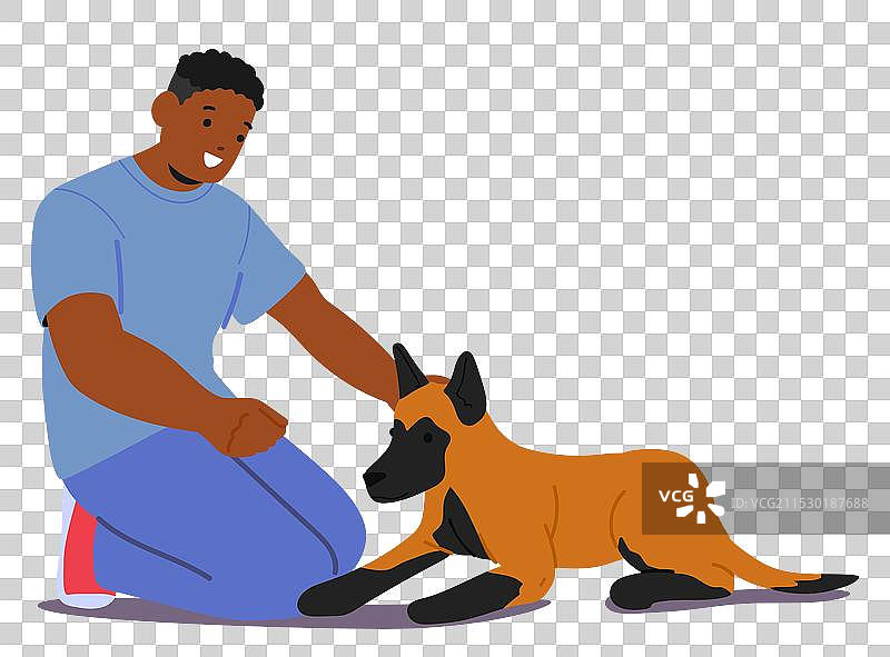 狗训练师跪着并向一只狗发出指令图片素材