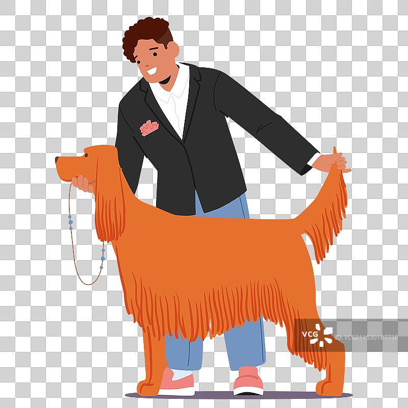 男人高兴地在狗展上展示一只修剪整齐的狗。图片素材