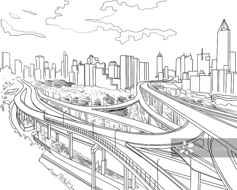 城市环城路景观图素描稿图片素材