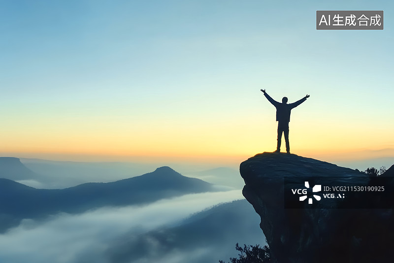 【AI数字艺术】一个登山者在悬崖张开双臂庆祝的日出图片素材