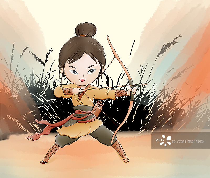 卡通手绘古代射箭女子花木兰插画图片素材