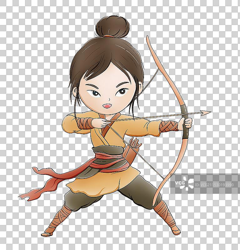 卡通手绘花木兰射箭古代射箭女子免抠元素图片素材