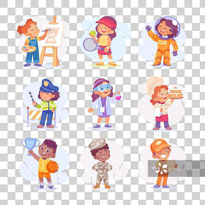 孩子穿着不同职业的服装扮演各种工作图片素材