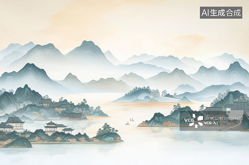 【AI数字艺术】中国风意境山水画背景插画图片素材