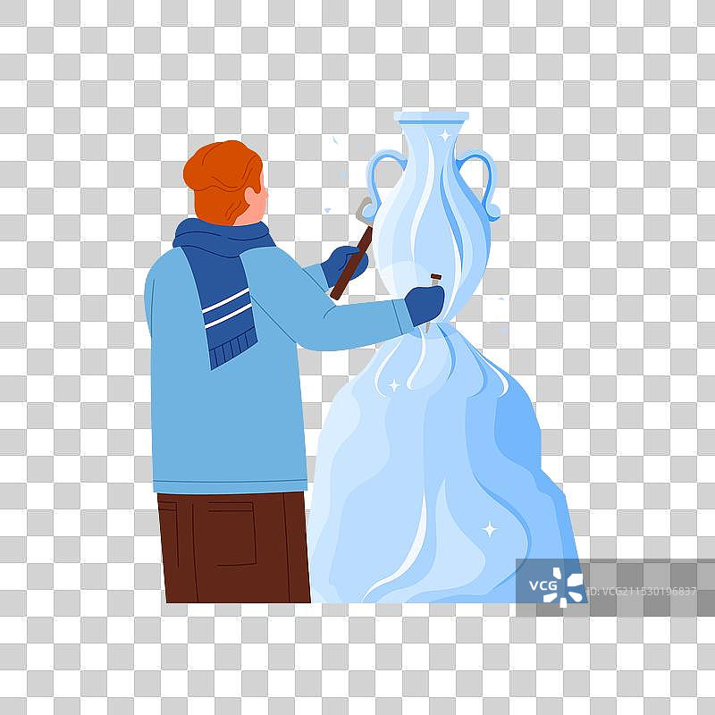 戴着毛线围巾的男子在雕刻希腊古董冰雕图片素材