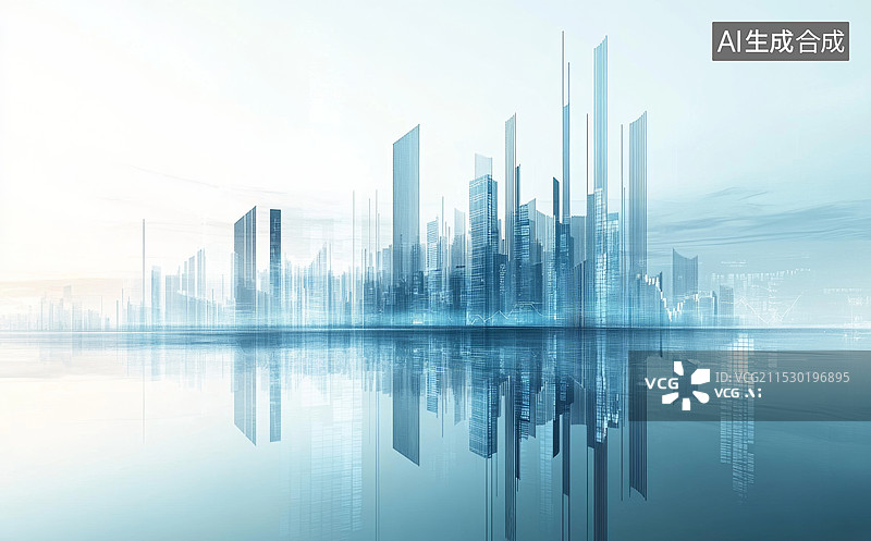 【AI数字艺术】一座现代化城市的天际线，建筑物高耸入云，反射在平静的水面上。整体色调以蓝色为主，给人一种未来感和科技图片素材