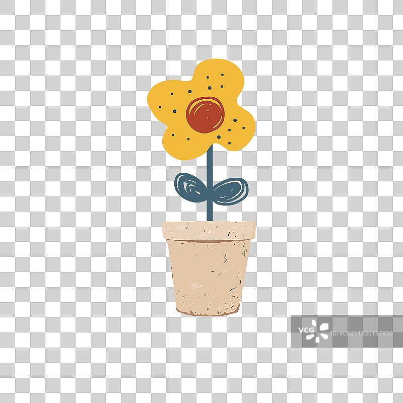 明亮的卡通花朵在陶土花盆中孤立展示图片素材