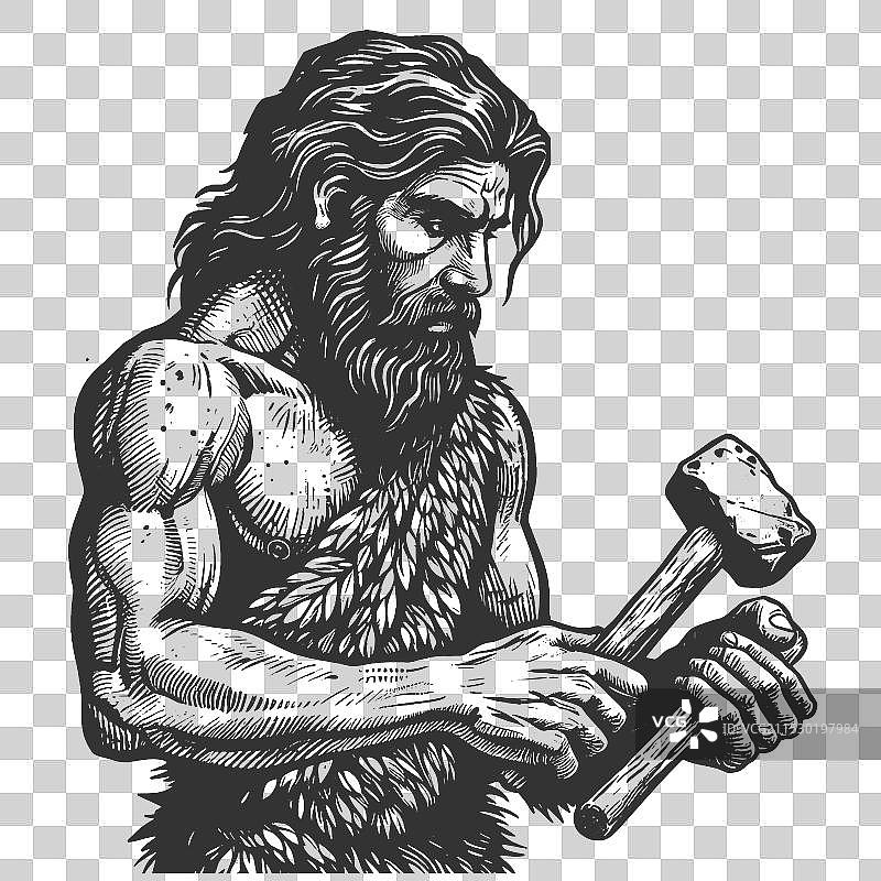 史前人类在洞穴中使用石锤图片素材