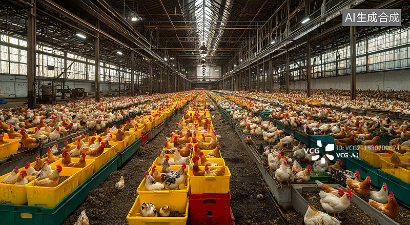 【AI数字艺术】一群鸡在笼子里的情景。背景中可以看到一些绿色和蓝色的金属结构，可能是喂食器或饮水器。图片素材