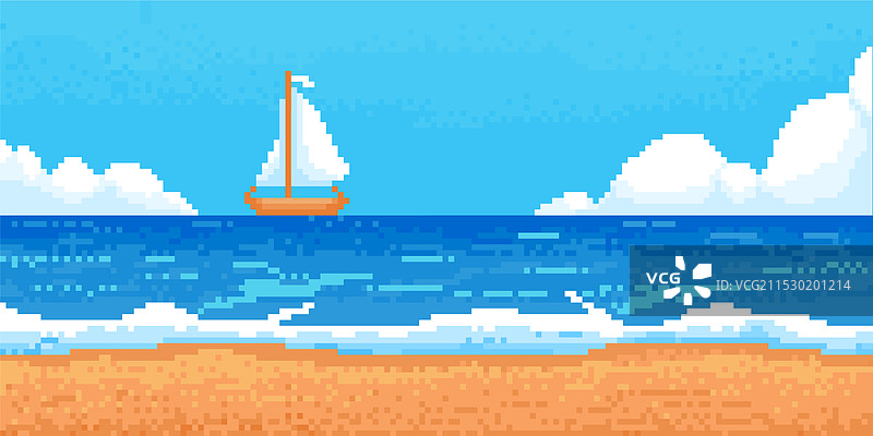 像素海滩风景与船只，8位海岸图片素材