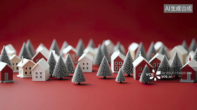 【AI数字艺术】圣诞节圣诞树房屋红色背景图片素材